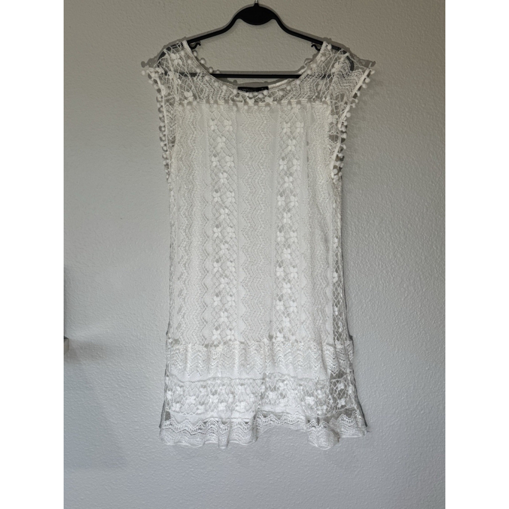 Zanzea Cream Lace Boho Shift Dress Pom Trim Sleeveless Women’s Size 12 Festival